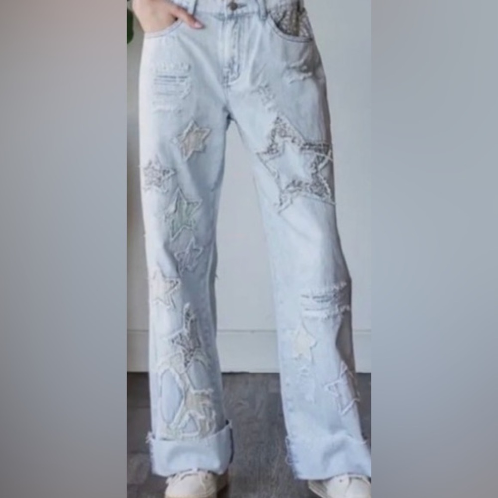 #180 Oli & Hali Light Blue Star Patterned Boyfriend Jeans